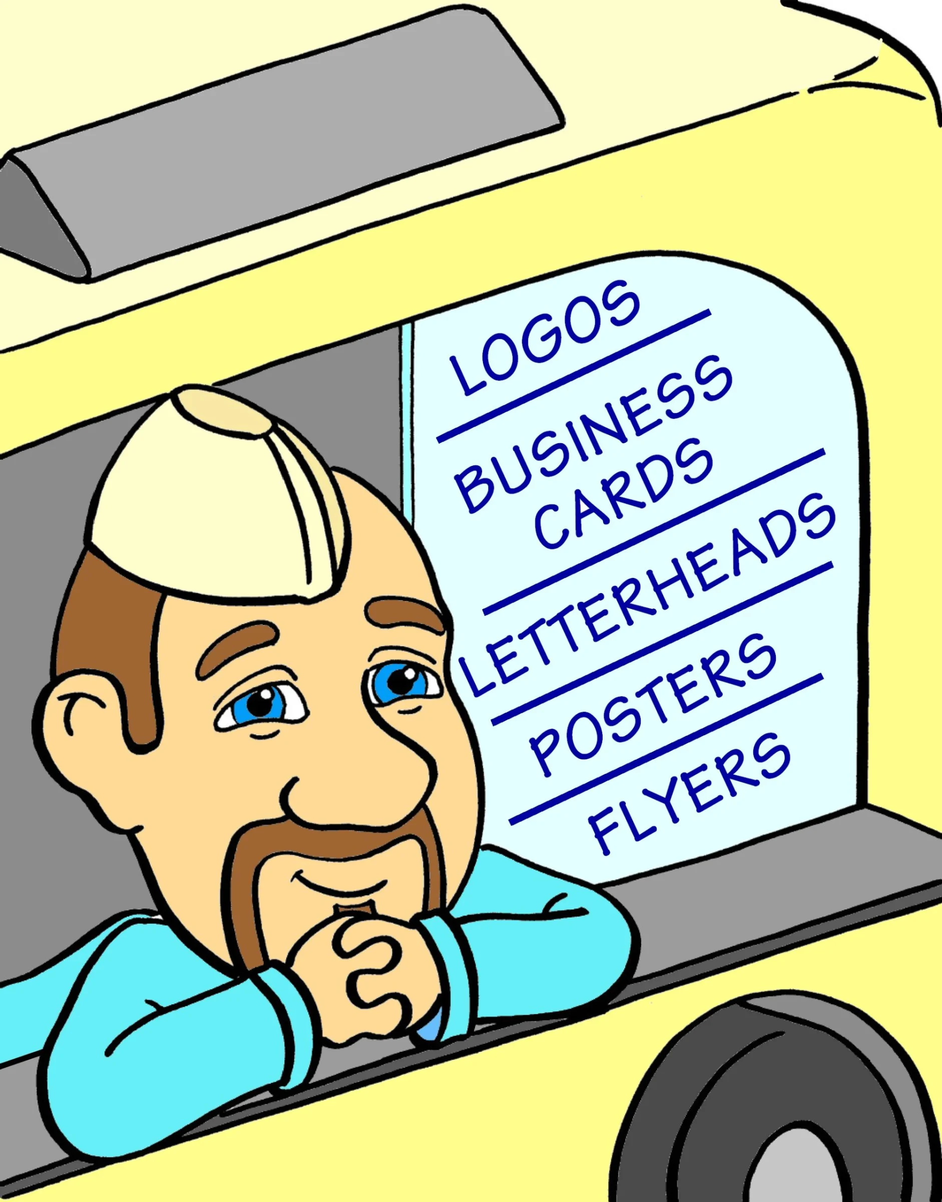 Cartoon showing Jules's logo and stationery services