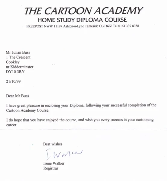 Jules’s original Cartoon Academy diploma letter