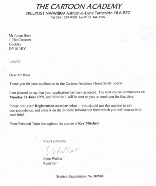Jules’s original Cartoon Academy enrolment letter