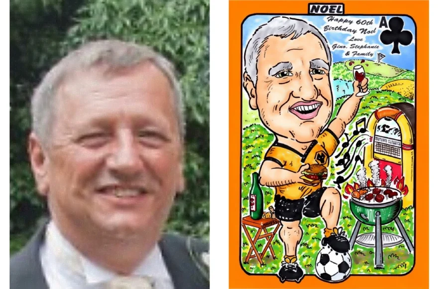 A photo and a colourful marker-shaded caricature by Jules