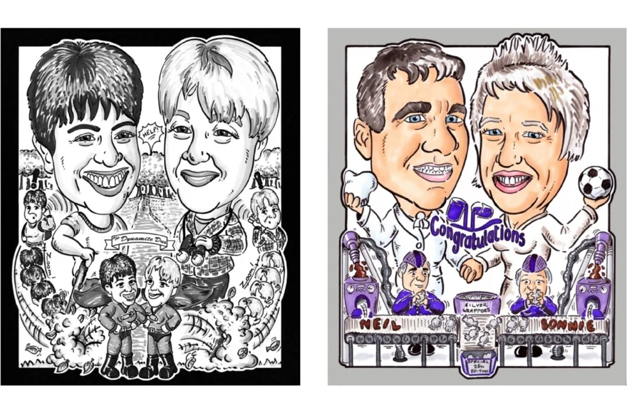 Two people and Jules’s double caricature of the pair