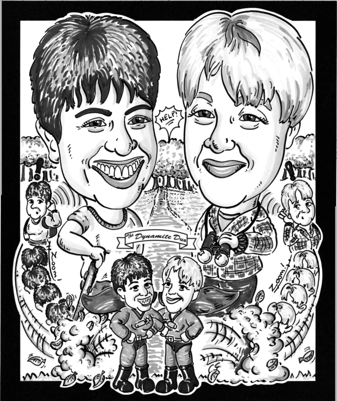 Black and white caricature of a couple