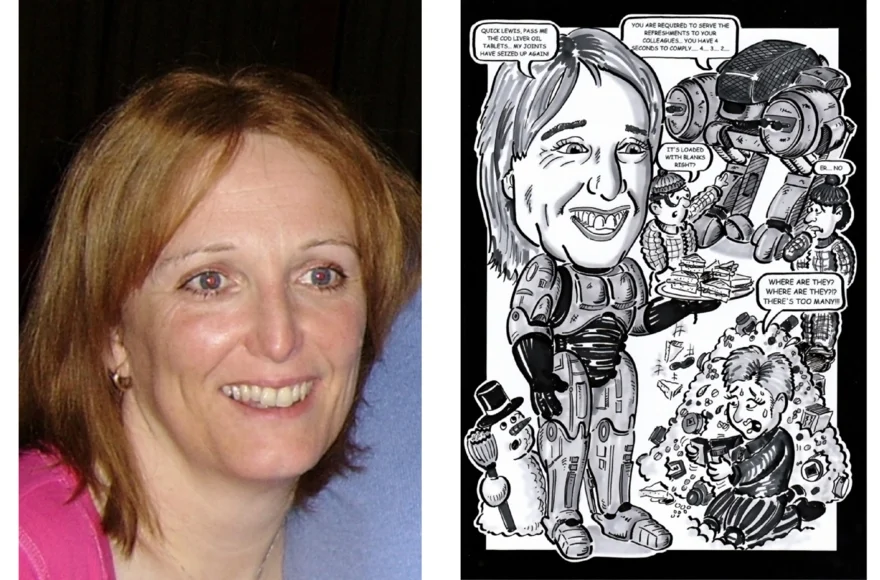 A photograph alongside Jules’s detailed black and white Indian ink caricature