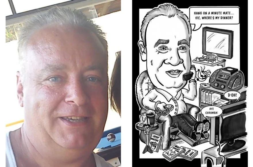 A photo and Jules’s Quickfire caricature showing the subject’s character