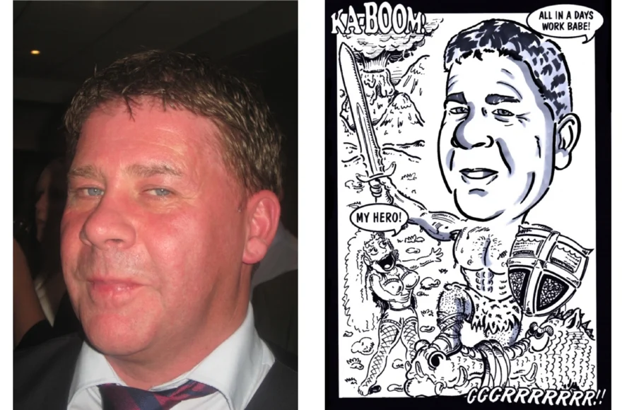 A reference photo alongside Jules’s themed caricature of the same person