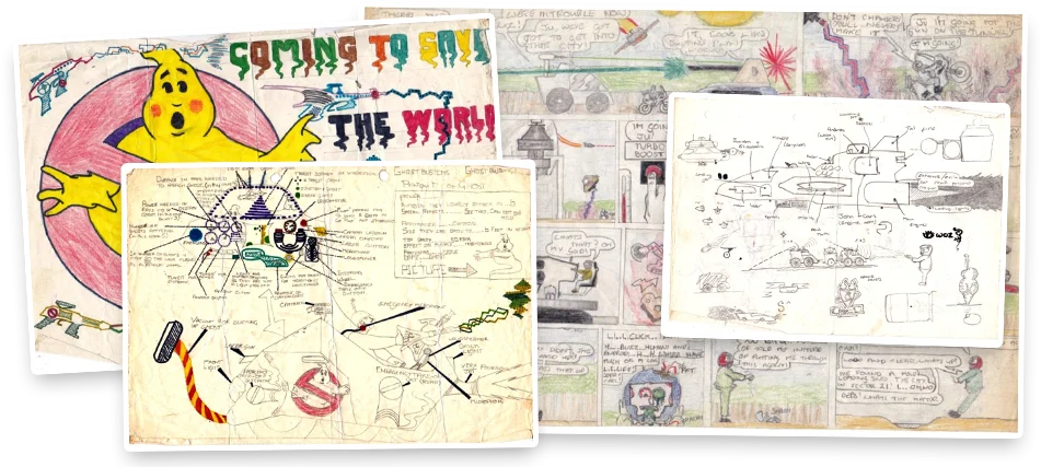 A collage of Jules’s early school drawings and comic strips