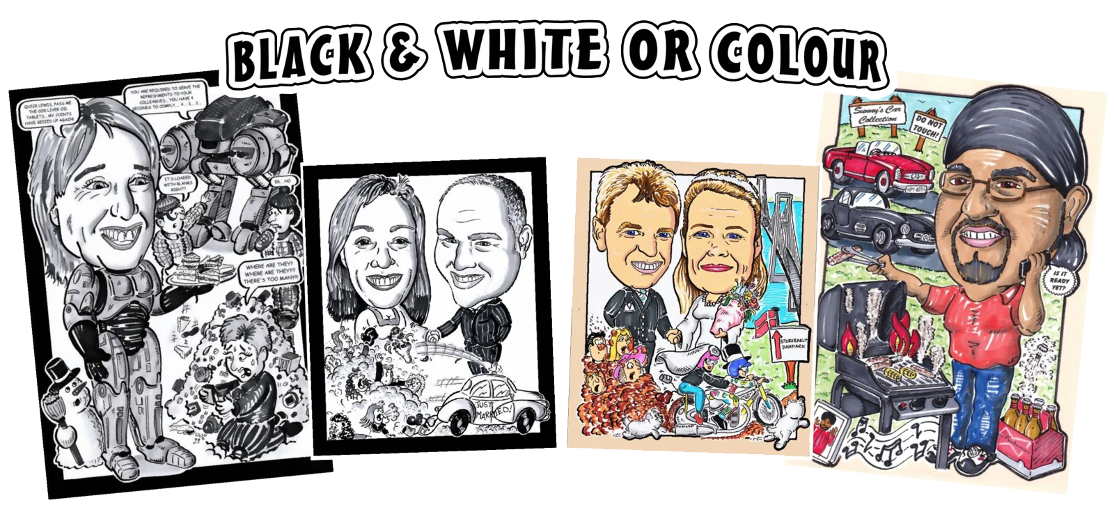 Original examples of Jules Cartoonist’s personalised caricature artwork