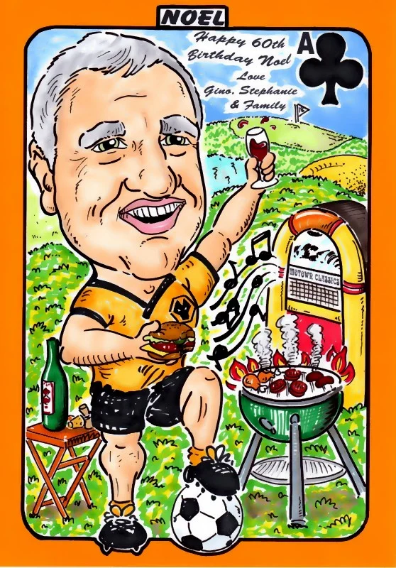 Colour caricature by Jules featuring football, music and gardening