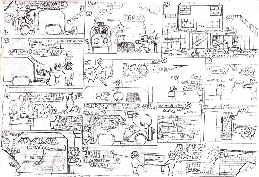 A black and white comic strip from Jules’s early work
