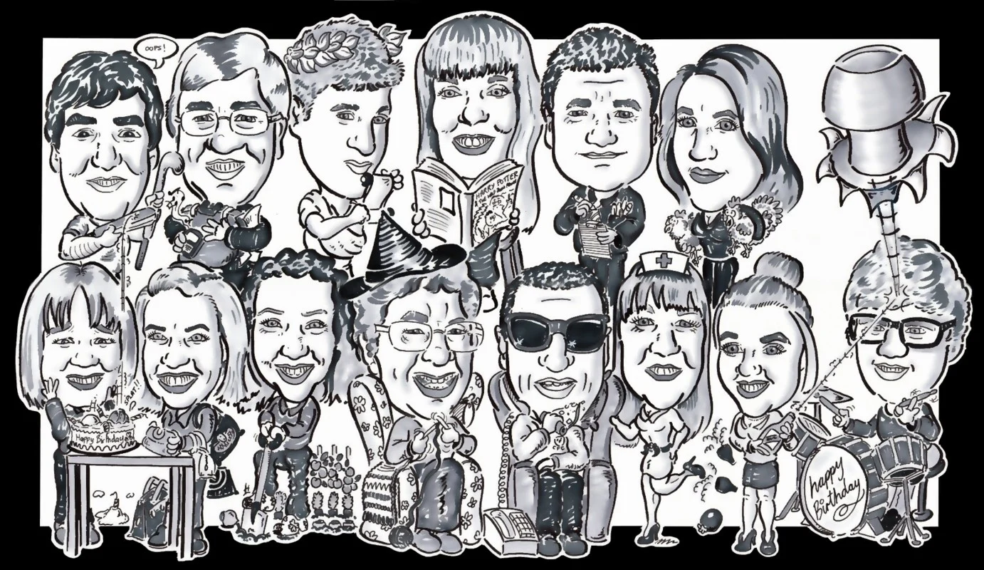 Group caricature by Jules showing a team together