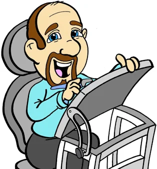 Jules's cartoon self portrait at his drawing board