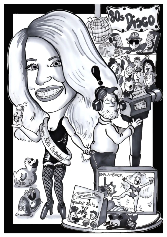 Jules's black and white caricature of a woman, including her interests