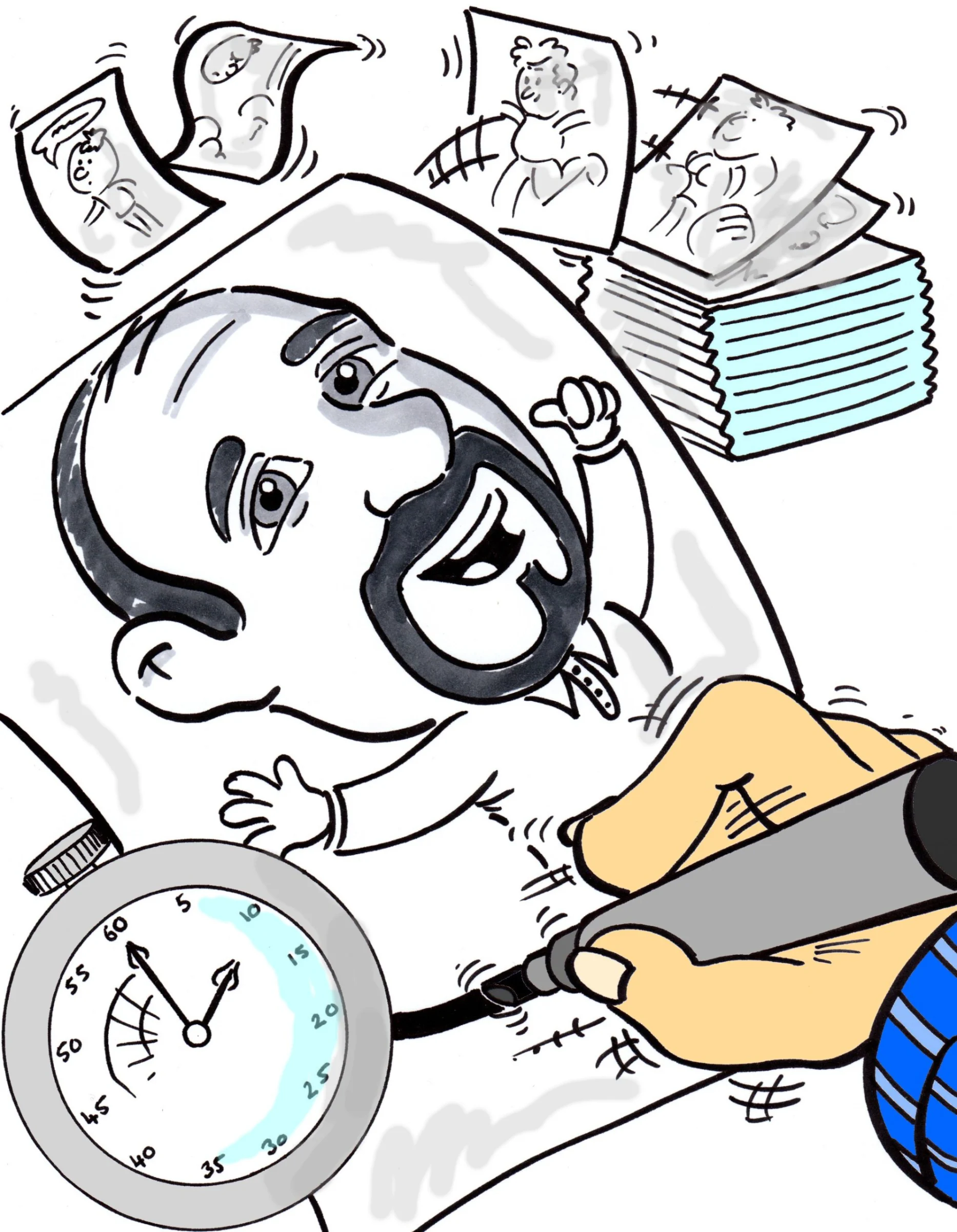 Cartoon illustration of Jules drawing wedding caricatures
